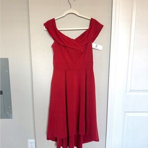 Red Off-the-Shoulder Fit and Flare High Low Dress